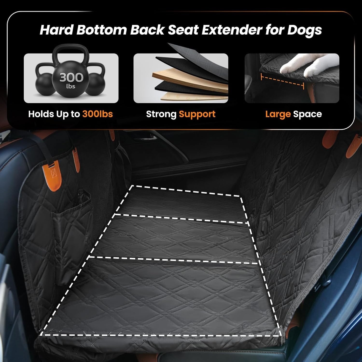 6-in-1 Waterproof Dog Car Seat Cover with Hard Bottom - Hammock, Seat Extender & Picnic Blanket