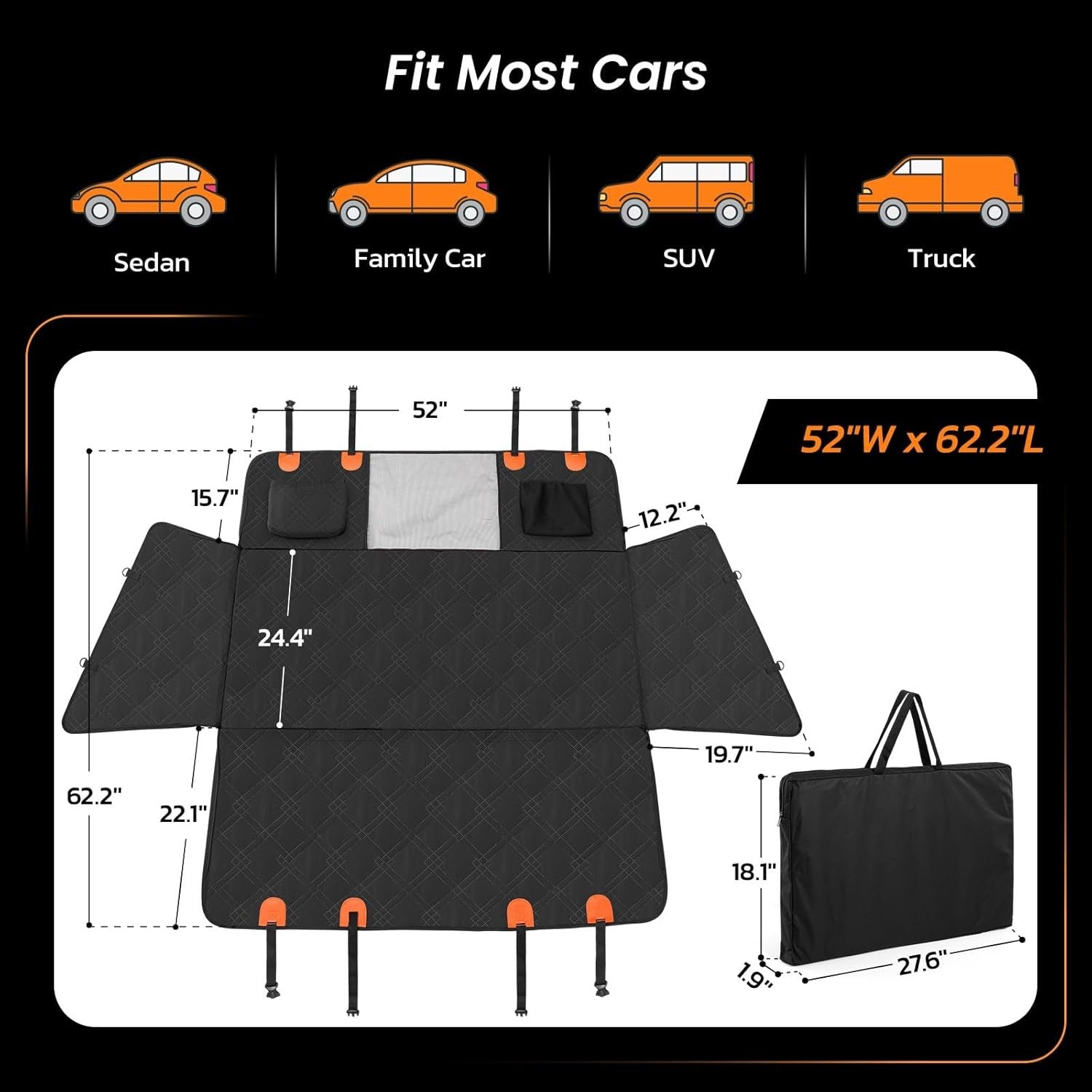 6-in-1 Waterproof Dog Car Seat Cover with Hard Bottom - Hammock, Seat Extender & Picnic Blanket