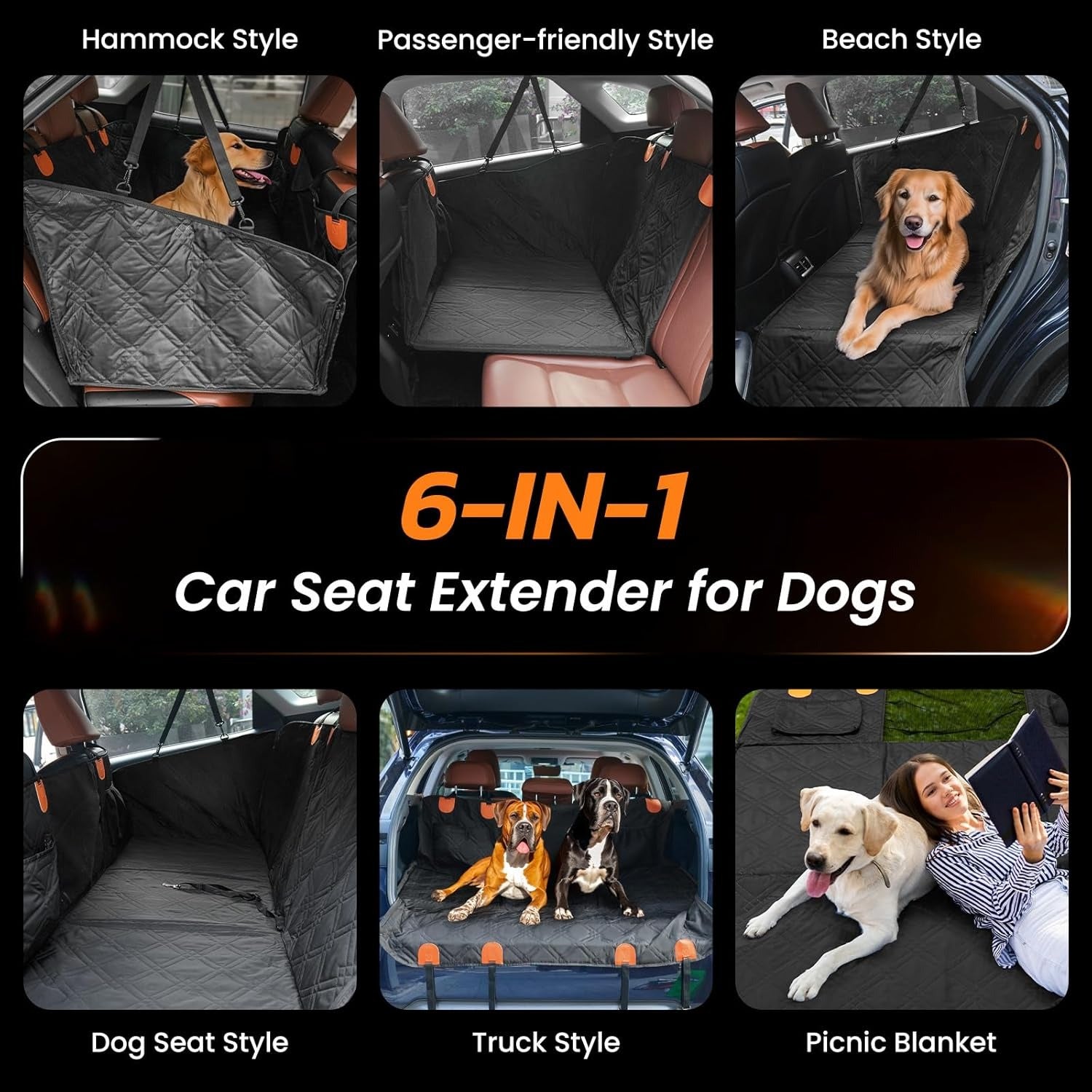 6-in-1 Waterproof Dog Car Seat Cover with Hard Bottom - Hammock, Seat Extender & Picnic Blanket
