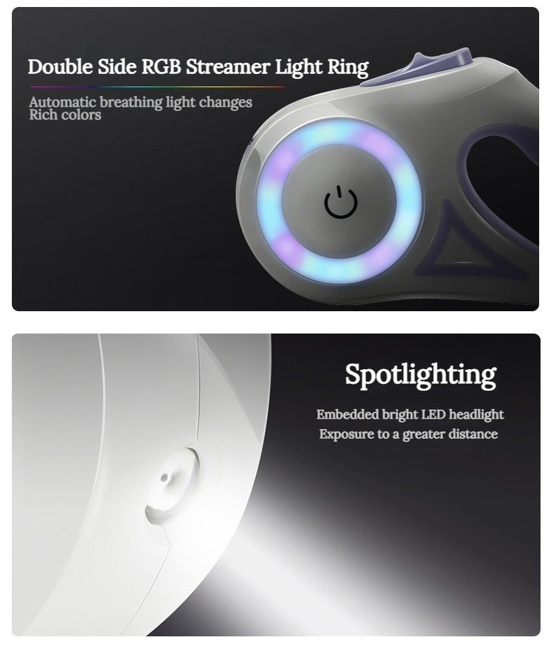 LED Dog Leash with RGB Light Ring & Built-in Flashlight for Night Walks