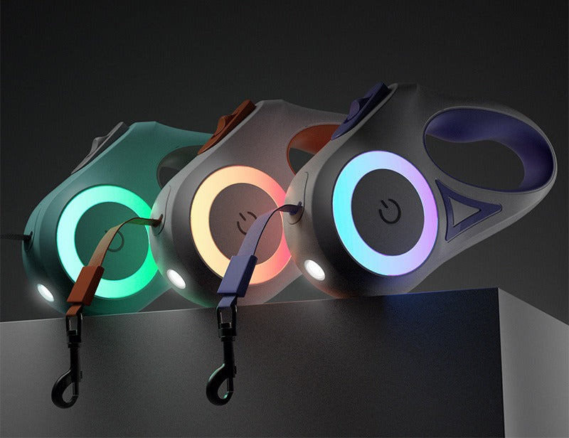 LED Dog Leash with RGB Light Ring &amp; Built-in Flashlight for Night Walks
