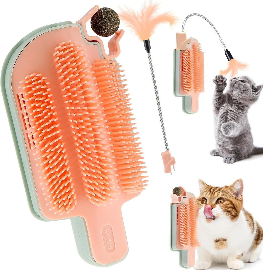 Cat wall scratcher featuring grooming, massaging, and teasing functions with built-in catnip.