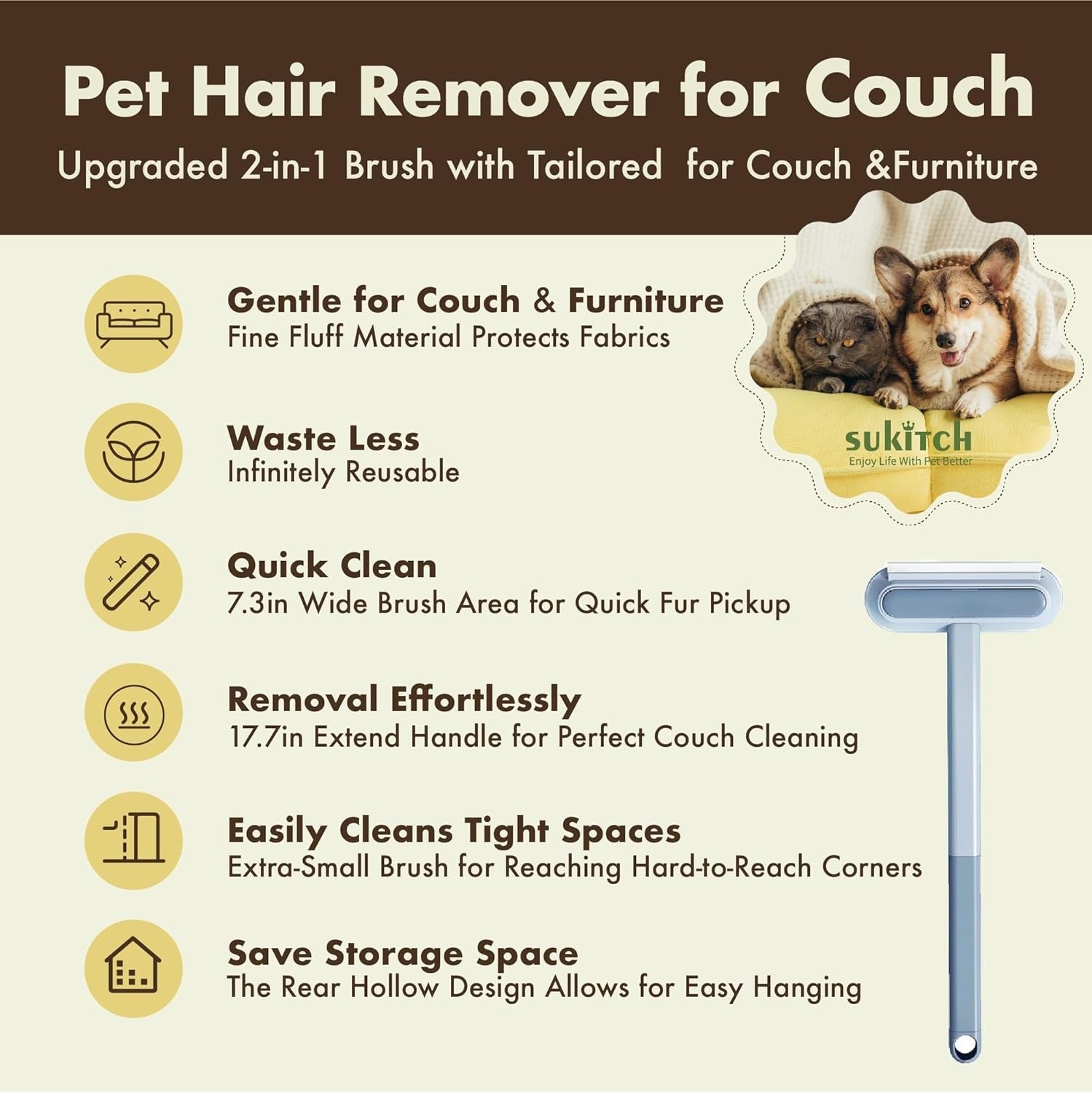 Multi-Surface Pet Hair Remover with Dual-Sided Brush - Effortless Fur Collection for Carpets, Sofas, and Clothes