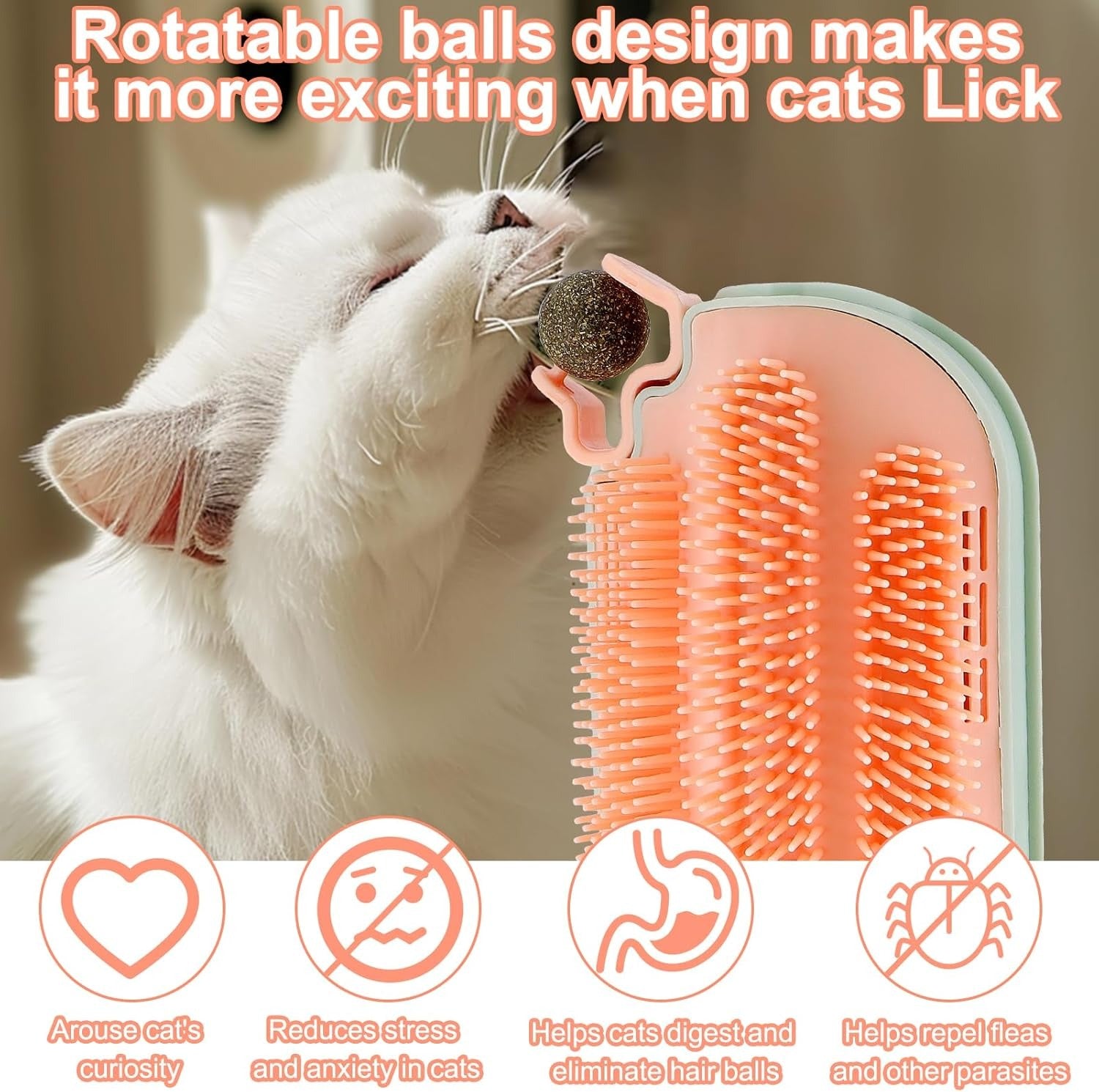 4-in-1 Cat Wall Scratcher with Catnip – Grooming, Massaging, and Teasing Toy