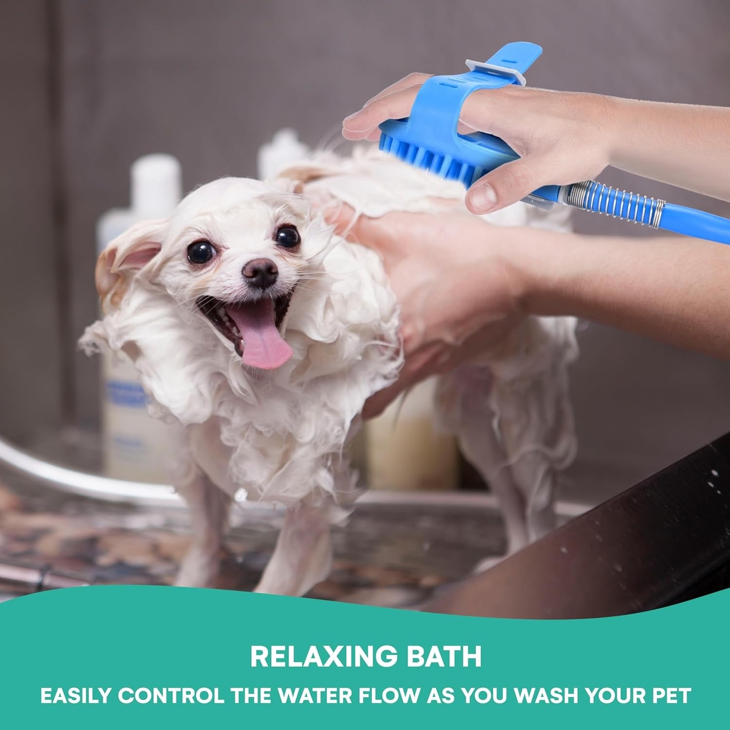 All-in-One Pet Bathing Scrubber with Built-in Brush and Adjustable Water Flow