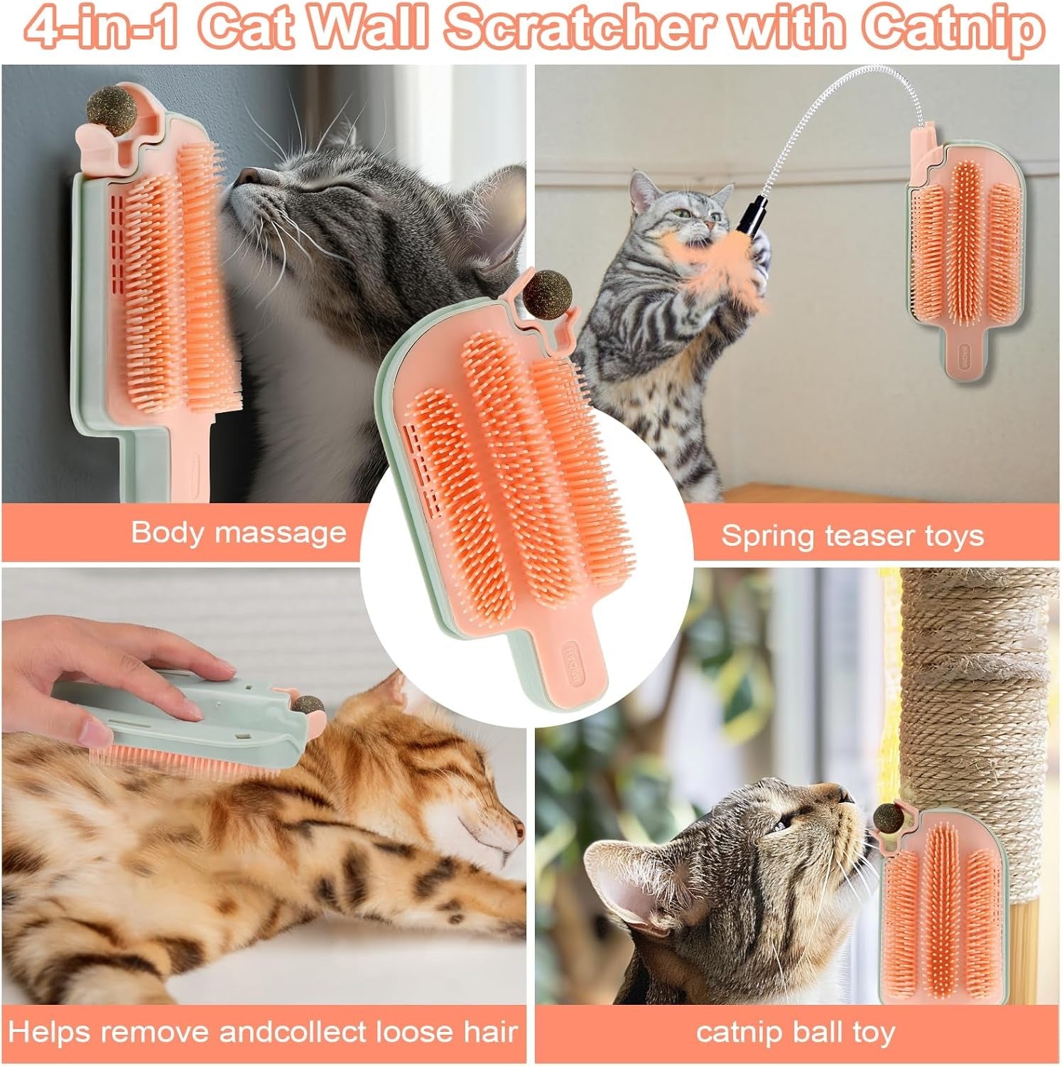 Wall-mounted 4-in-1 scratcher toy with catnip, offering grooming and playful stimulation for cats.