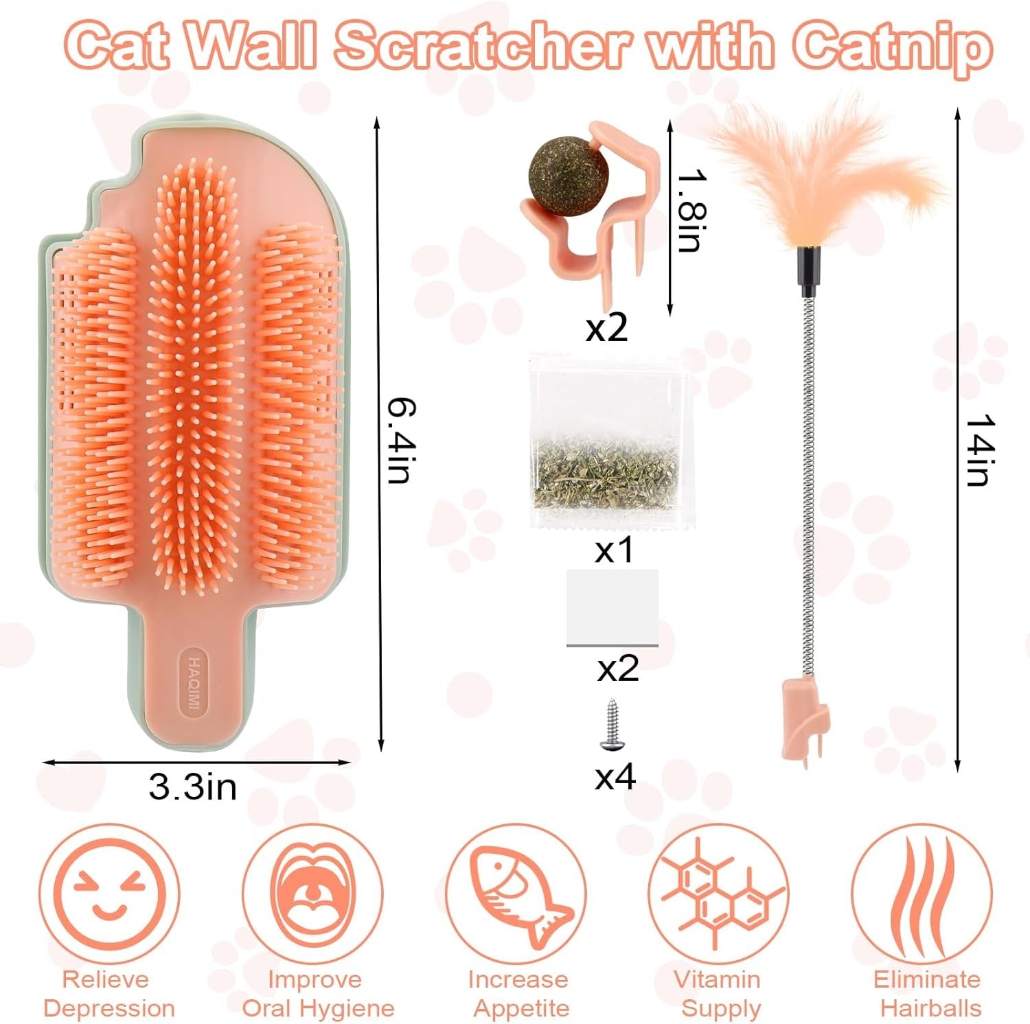 4-in-1 Cat Wall Scratcher with Catnip – Grooming, Massaging, and Teasing Toy