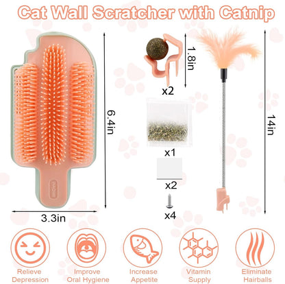4-in-1 Cat Wall Scratcher with Catnip – Grooming, Massaging, and Teasing Toy