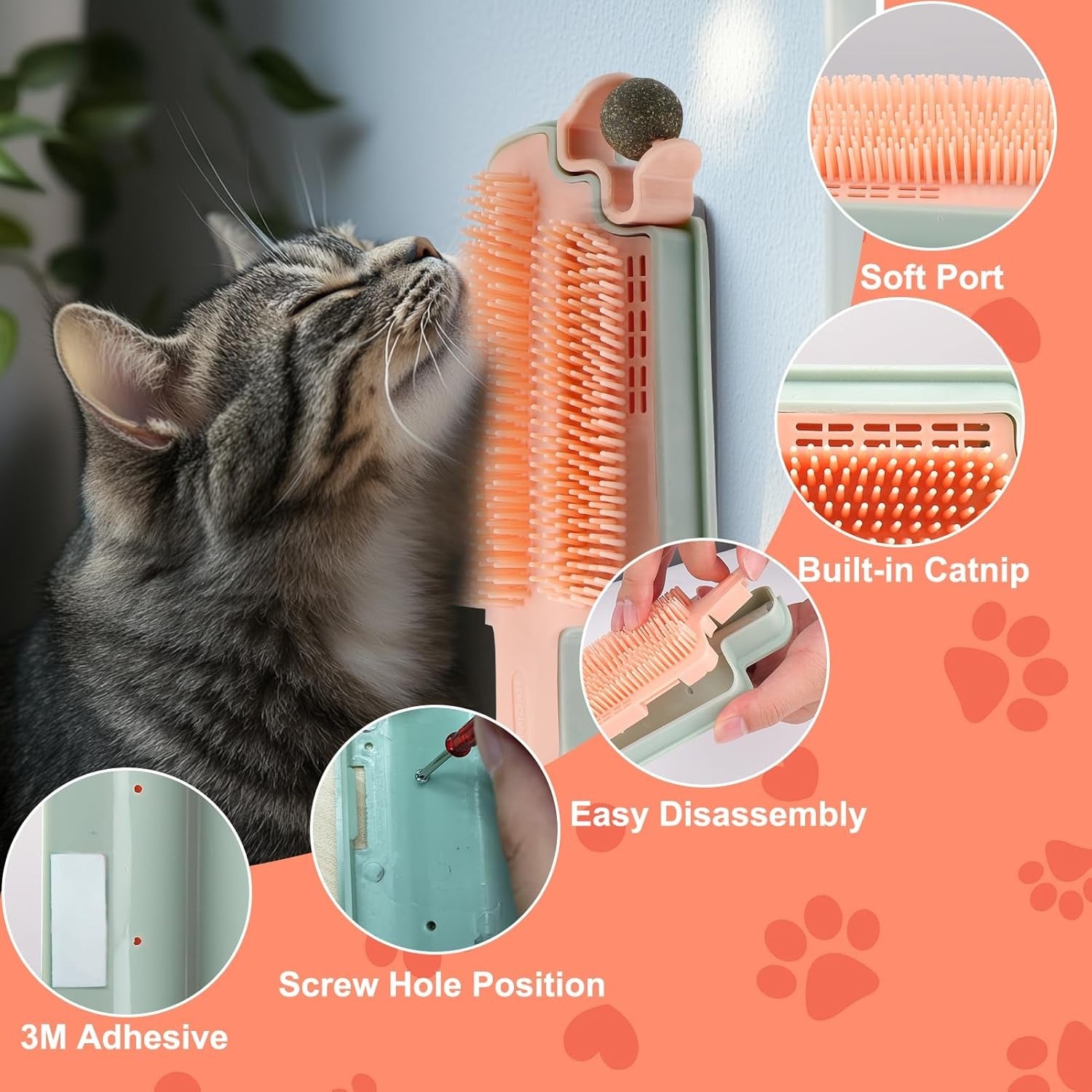 4-in-1 Cat Wall Scratcher with Catnip – Grooming, Massaging, and Teasing Toy
