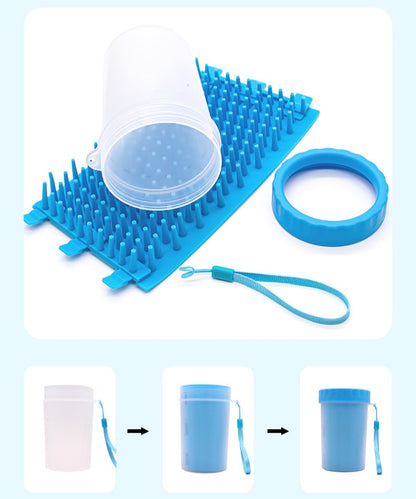 Compact and portable 2-in-1 dog paw cleaner and grooming brush, perfect for easy travel use.
