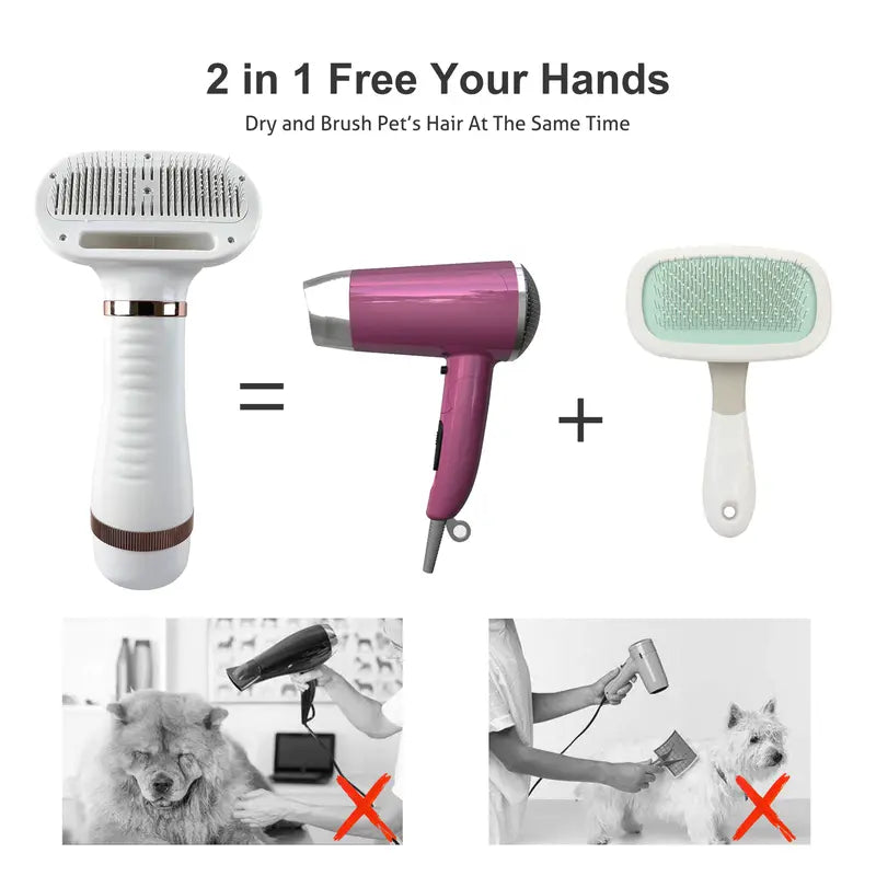Stainless steel needles on the grooming dryer remove loose hair and dirt from pet coats.